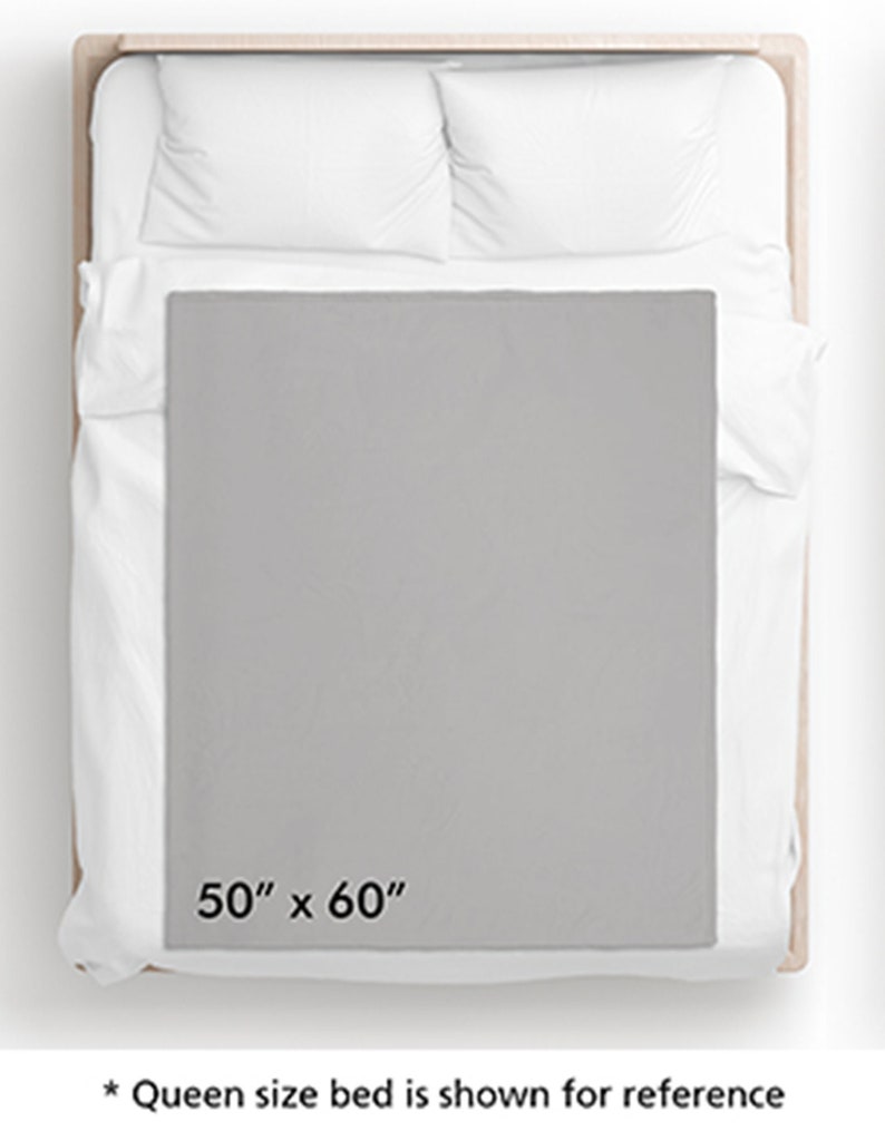 May include: A gray throw blanket on a queen-sized bed. The blanket measures 50 inches by 60 inches.