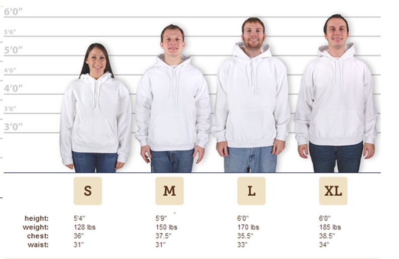 Pode incluir: Tabela de tamanhos para hoodies mostrando quatro modelos usando hoodies brancas em tamanhos diferentes: S, M, L e XL. A tabela inclui as medidas de altura, peso, peito e cintura em p&eacute;s e polegadas, e em libras.