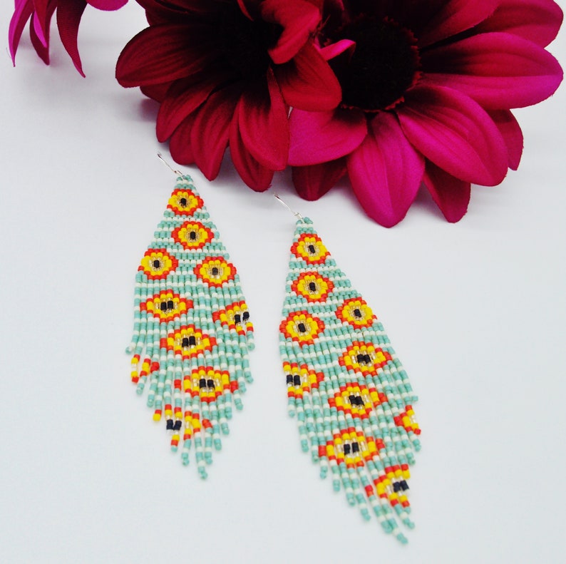 Dangle earrings Summer Print earrings Boho Earrings Print earrings Fringe earrings Handwoven earrings Plated earring Green earrings