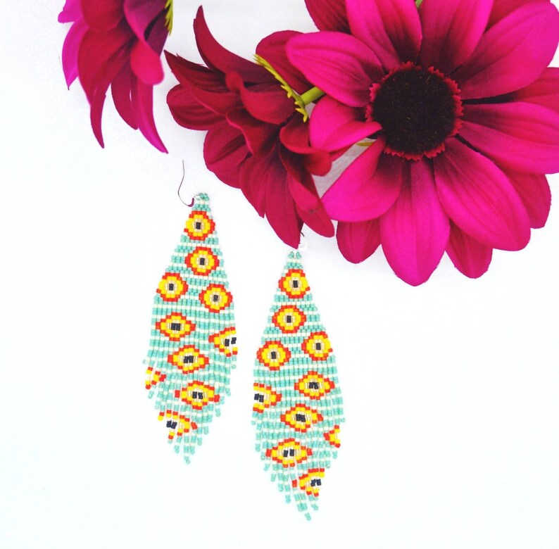 Dangle earrings Summer Print earrings Boho Earrings Print earrings Fringe earrings Handwoven earrings Plated earring Green earrings