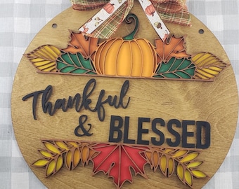 Thankful & Blessed DIY Welcome Sign Kit: Unfinished Wood Door Hanger, Painting Craft