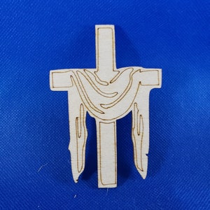 May include: A wooden cutout of a cross with a dove design. The dove is depicted with its wings spread out on either side of the cross.
