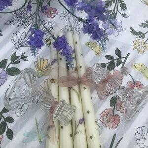 Hand Painted Tapered Ivory candles in lavender and Bee design image 5