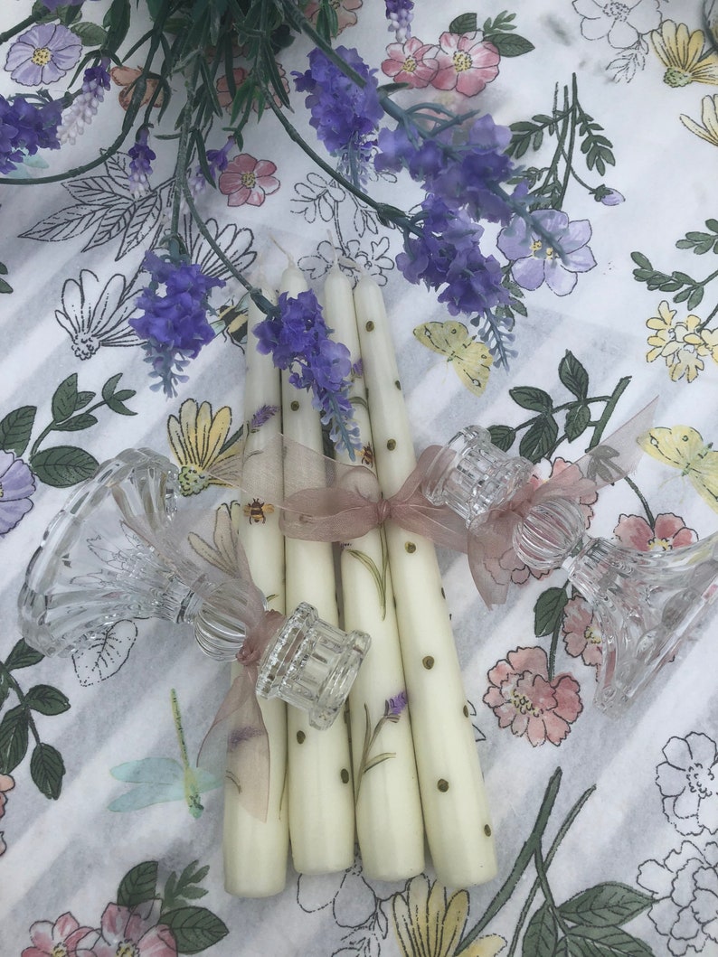 Hand Painted Tapered Ivory candles in lavender and Bee design image 5