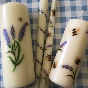 Hand Painted Tapered Ivory candles in lavender and Bee design image 4