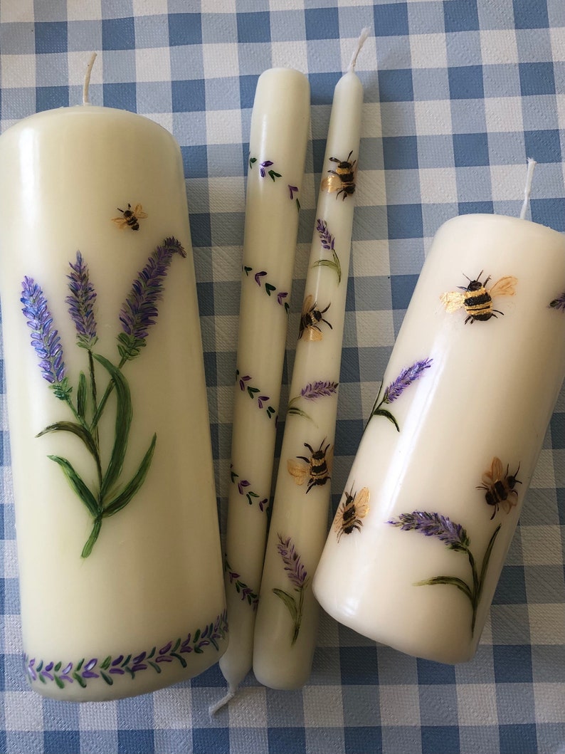 Hand Painted Tapered Ivory candles in lavender and Bee design image 4