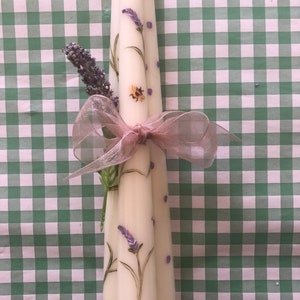 Hand Painted Tapered Ivory candles in lavender and Bee design image 2