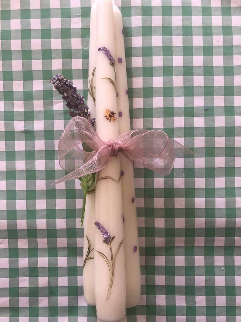 Hand Painted Tapered Ivory candles in lavender and Bee design image 2