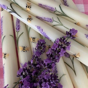 Hand Painted Tapered Ivory candles in lavender and Bee design image 1