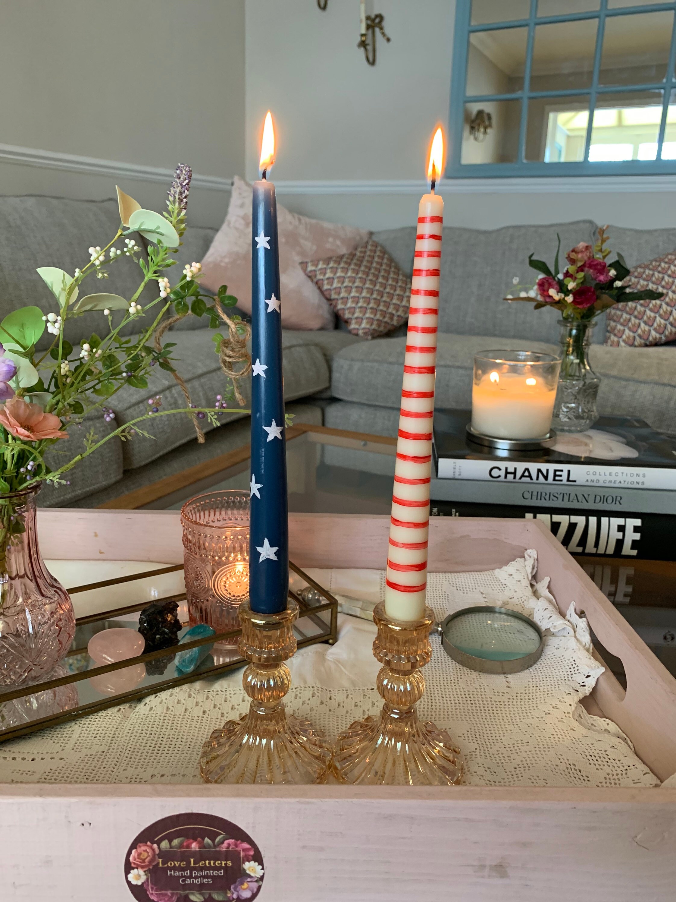 Three coloured wax candles hand painted Etsy