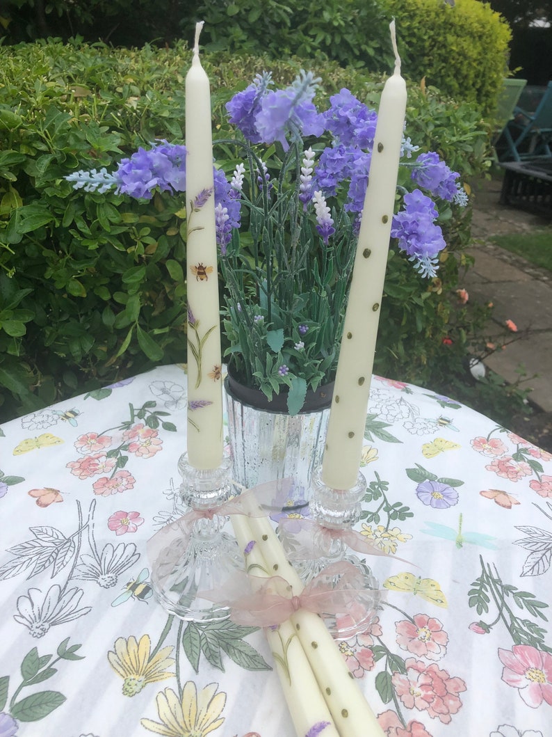 Hand Painted Tapered Ivory candles in lavender and Bee design image 6