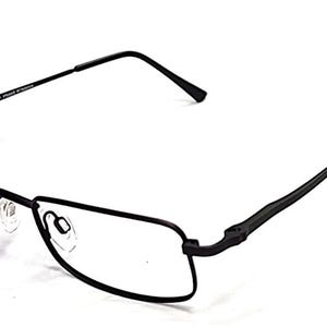 Puede incluir: Gafas rectangulares negras con una fina montura metálica. Las gafas tienen lentes transparentes y un diseño minimalista. Las patillas se curvan ligeramente para un ajuste cómodo. El estilo general es moderno y discreto.