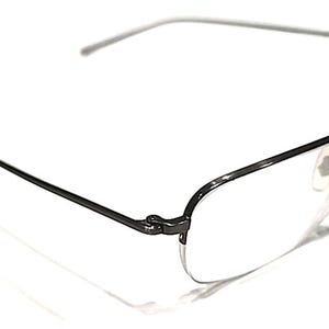 May include: Eyeglasses featuring a slender, dark grey metal frame. The lenses are clear, and the nose pads are light-coloured. The temples are also a light grey. The glasses are set against a white background.
