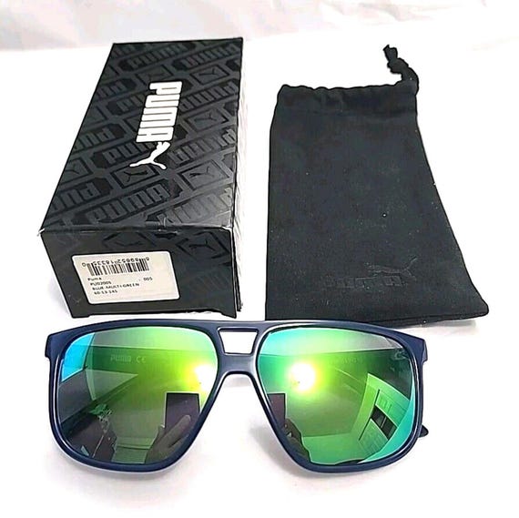 Puma スポーツメガネ ネイビー/グリーン Puma PU0200S 005 Blue Green Square Sunglasses 60-13 145 New Box