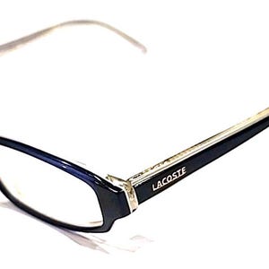 May include: Lacoste eyeglasses with a rectangular navy blue frame and silver arms. The Lacoste logo is displayed on the temple. The glasses are set against a white background. A stylish accessory.