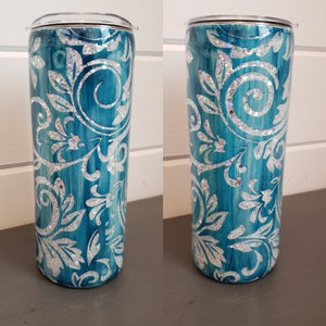 20 oz Wood and Teal Glitter Damask Peek-A-Boo Tumbler With Lid – Sassy Boo  Creations