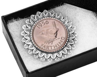 70th Birthday Brooch: 1956 Wren Farthing Coin, Gift Boxed