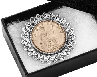 90th Birthday Gift - Brooch made from an original British 1936 farthing coin, for her, assembled in the UK for Grandma or Mum