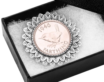 80th Birthday Brooch: 1946 Wren Farthing Coin, Gift Boxed