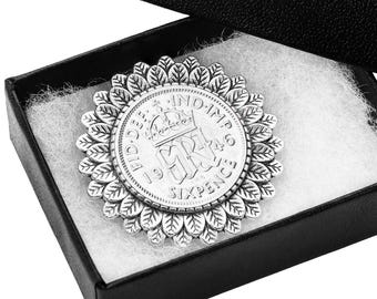 80th Birthday Brooch: 1946 Silver Sixpence Coin Brooch