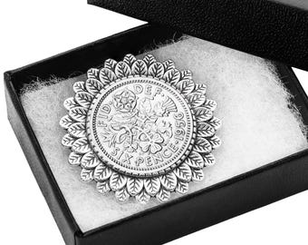 70th Birthday Brooch: 1956 Sixpence Coin Brooch - Lucky Gift
