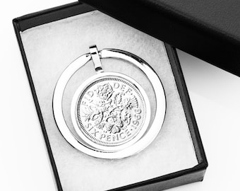 Cadeaucollectie 60e verjaardag gemaakt van een Lucky Sixpence-munt uit 1966, sleutelhanger, broche of ketting - perfect voor verjaardagen, jubileum