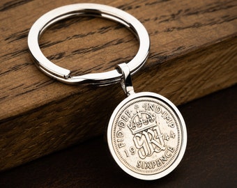 80th Birthday Gift - 1944 Silver Sixpence or Farthing Coin Keyring featuring King George VI - Perfect Birthdays, mum, dad, grandad, grandma