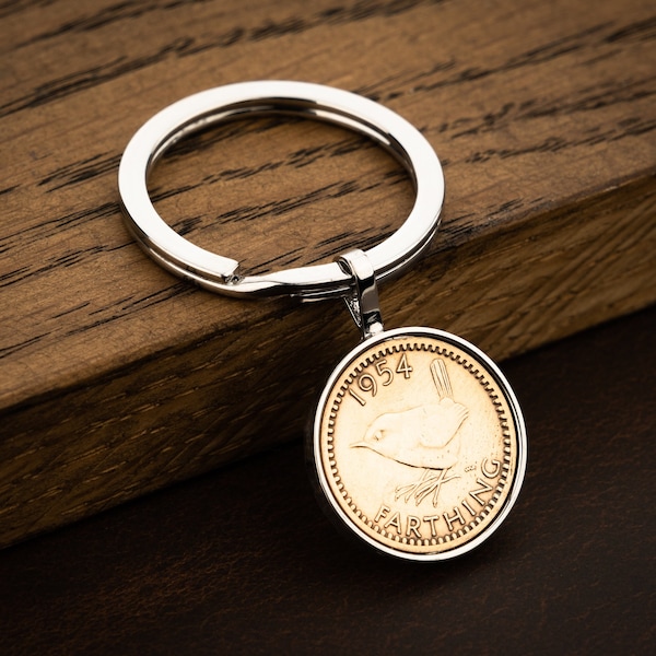 70th Birthday Gift 1954 Farthing Coin Keyring Keychain - Gift for Mum, Dad, Grandma, Grandad, Auntie or Uncle