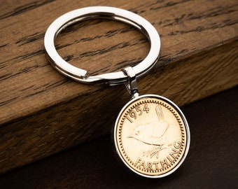 70th Birthday Gift 1954 Farthing Coin Keyring Keychain - Gift for Mum, Dad, Grandma, Grandad, Auntie or Uncle