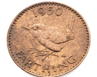 1950 farthing Coin featuring Wren from UK King George VI -  Great Britain Perfect Birthdays, Anniversary and within Jewellery