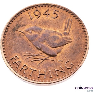 Regalo per l'80° compleanno - Moneta da un farthing del 1945 raffigurante Wren King George VI - Gran Bretagna della seconda guerra mondiale Compleanni perfetti - nonni