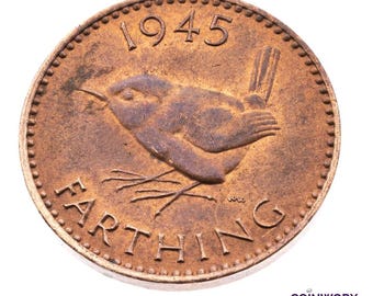 80th Birthday Gift - 1945 farthing Coin featuring Wren King George VI - World War II Great Britain Perfect Birthdays - grandparents