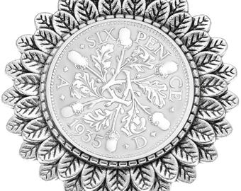 Broche pour les 90 ans fabriquée à partir d&#39;un argent antique de 1935 porte-bonheur, joliment présentée dans une boîte cadeau - grand-mère, mère, soeur