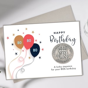 Carte/cadeau pour 80e anniversaire, année de naissance 1945 : porte-bonheur de six pence pour la carte de voeux d'anniversaire à l'intérieur ! Maman, papa, grand-parent - Anniversaires