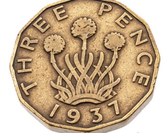 1937 Brass Threepence Coin Great Britain British UK - George VI - Perfect for Birthdays, Craft - Mum, Dad, Daughter, Grandma