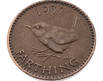 1937 farthing Coin featuring Wren from UK King George VI- Great Britain Perfect for Birthdays, Anniversary and within Jewellery