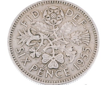 Moneta da sei penny fortunata del 1955, Gran Bretagna - Regina Elisabetta II - Perfetta per compleanni, anniversari, artigianato o gioielli - Mamma, papà, figlia, figlio