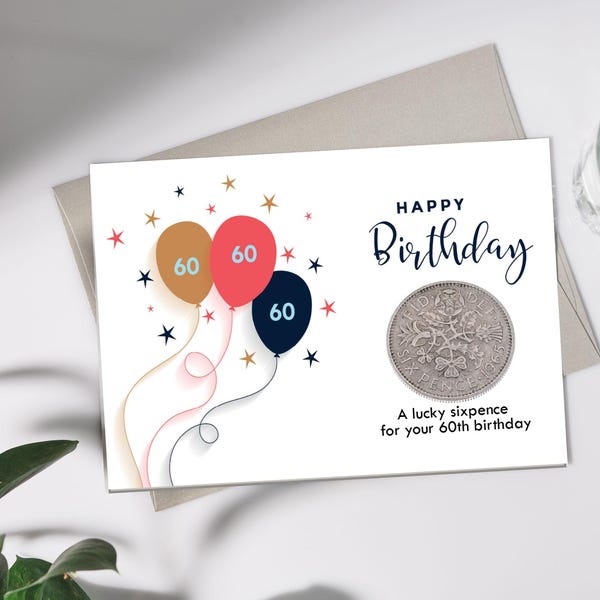 60th Birthday Mini Card Keepsake - Made with an original 1966 Lucky British Sixpence