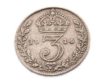 1914 Silver Threepence Coin Great Britain 92.5% Silver - George V - Perfect for Birthdays, Craft -  Grandma, Grandad - World War I
