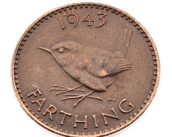 80th Birthday Gift - 1944 farthing Coin featuring Wren King George VI - World War II Great Britain Perfect Birthdays - grandparents