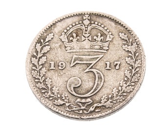 1917 Silver Threepence Coin Great Britain 92.5% Silver - George V - Perfect for Birthdays, Craft -  Grandma, Grandad - World War I