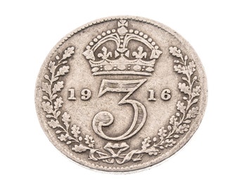 1916 Silver Threepence Coin Great Britain 92.5% Silver - George V - Perfect for Birthdays, Craft -  Grandma, Grandad - World War I