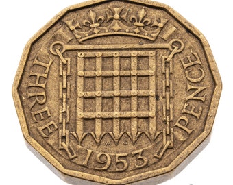 70th Birthday - 1954 Brass Threepence Coin Great Britain - Elizabeth II - Perfect for Birthdays, Craft - Mum, Dad, Daughter, Grandma