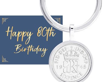 80th Birthday Keyring Gift - Vintage 1945 sixpence Coin- Perfect Birthdays, mum, dad, Grandma, grandad