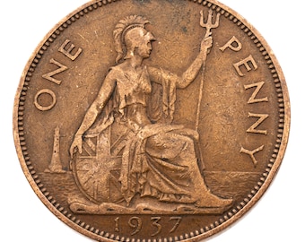 1937 British Penny Coin Great Britain - George VI - Perfect for Birthdays, Anniversary, Craft or Jewelry - Mum, Dad, Grandad, Grandma