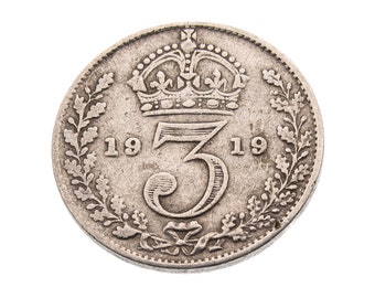 STERLING SOLID  0.925 SILVER Threepence 1919 Coin Antique II Old World War I UK 