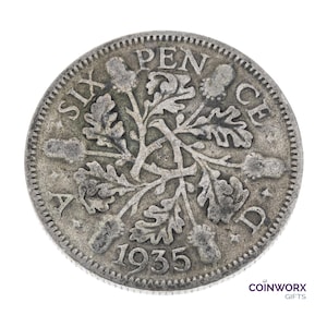 Cadeau pour 90e anniversaire - Pièce de monnaie de six pence en argent 1935 Grande-Bretagne - George V - parfait pour les anniversaires de maman, papa, grand-père, grand-mère