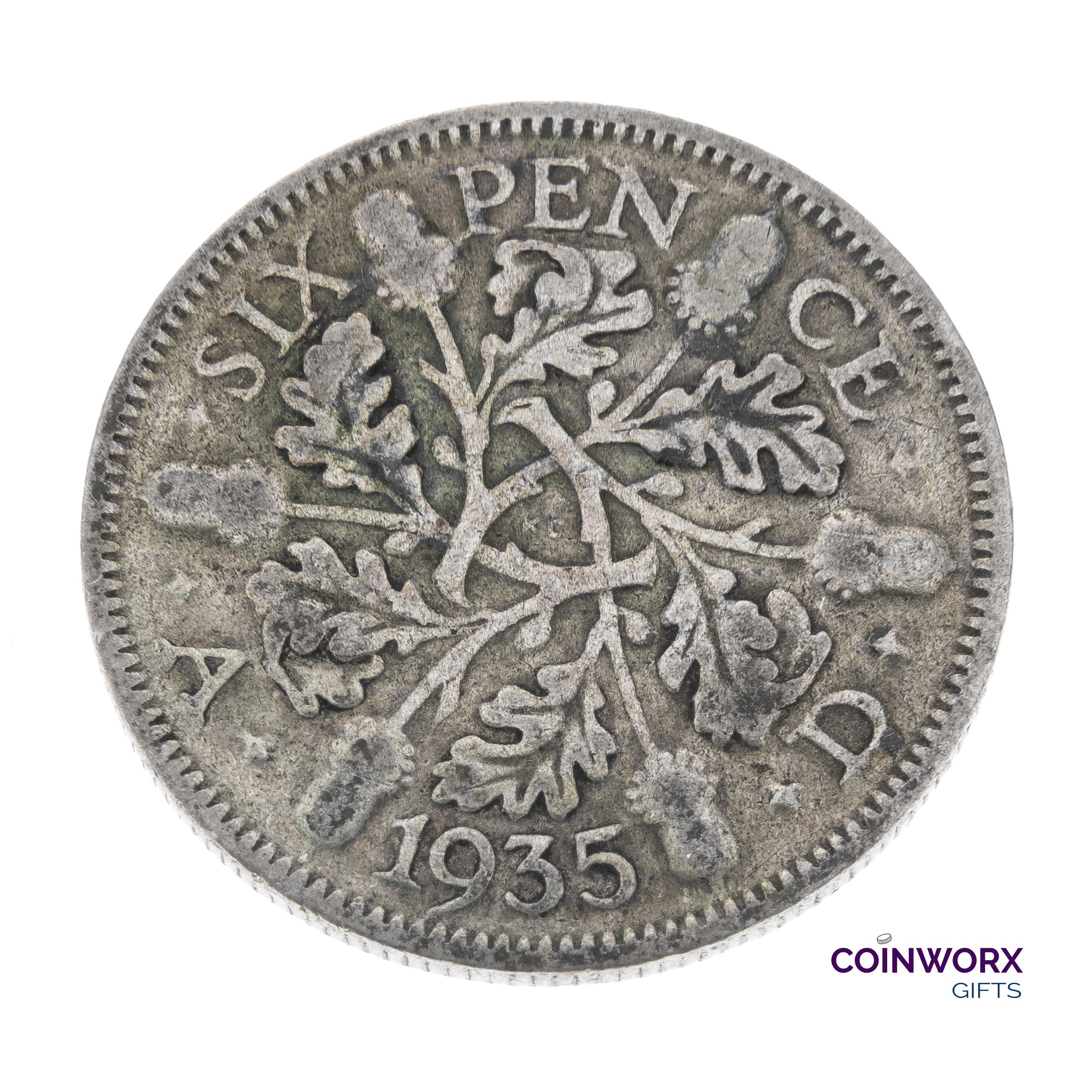 Cadeau pour 90e anniversaire - Pièce de monnaie de six pence en argent 1935 Grande-Bretagne - George V - parfait pour les anniversaires de maman, papa, grand-père, grand-mère