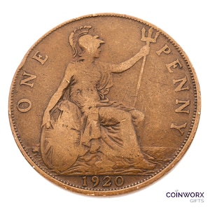 May include: A copper-colored British one penny coin with the image of a seated woman holding a trident and the text "ONE PENNY" around the edge. The year 1920 is inscribed at the bottom.