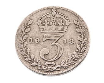 1918 Silver Threepence Coin Great Britain 92.5% Silver - George V - Perfect for Birthdays, Craft -  Grandma, Grandad - World War I